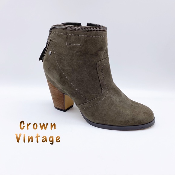 Crown Vintage Shoes - Crown Vintage- Dark Olive Green Block Heel Ankle Bootie 7